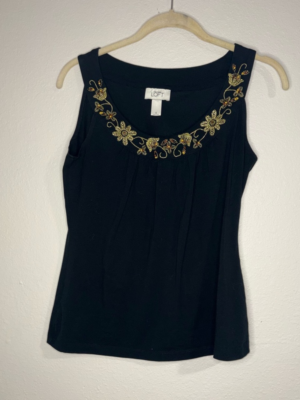LOFT Black Tank with Gold Floral Embellishment